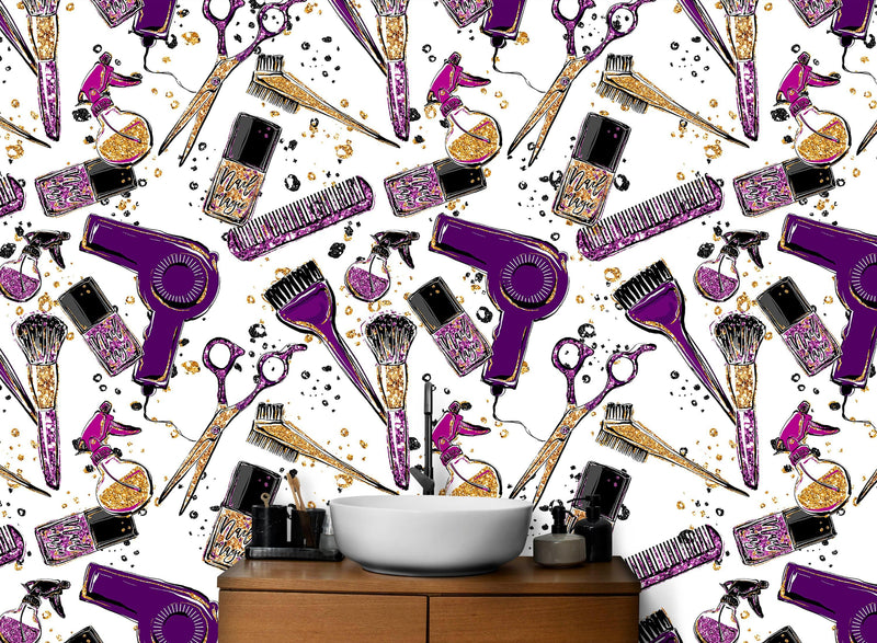 Cosmetic Beauty Room Wall Decor Mural. Fashionista Girl’s Room Decor. Makeup Vanity Decor. Peel and Stick Wallpaper. #6381