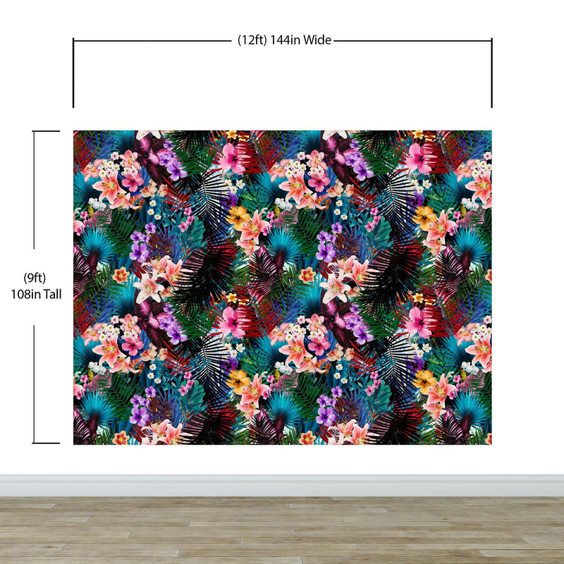 Colorful Tropical Foliage Pattern Wall Mural. Peel and Stick Wallpaper. #6382