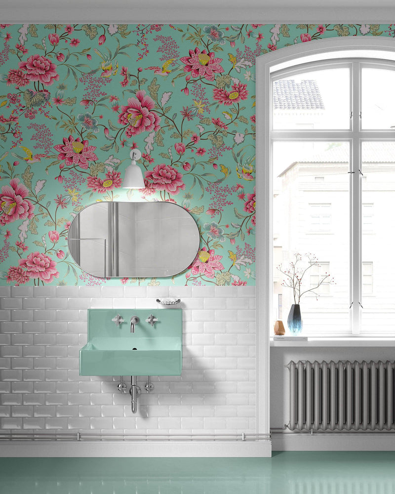 Mint Color Flower Pattern Wall Mural. Tropical Botanical Floral Peel and Stick Wallpaper. #6387