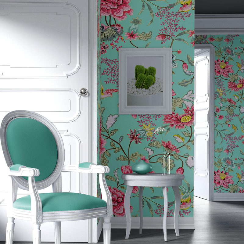 Mint Color Flower Pattern Wall Mural. Tropical Botanical Floral Peel and Stick Wallpaper. #6387