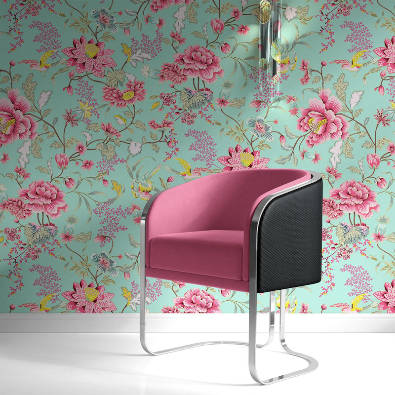 Mint Color Flower Pattern Wall Mural. Tropical Botanical Floral Peel and Stick Wallpaper. #6387
