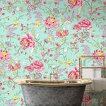 Mint Color Flower Pattern Wall Mural. Tropical Botanical Floral Peel and Stick Wallpaper. #6387