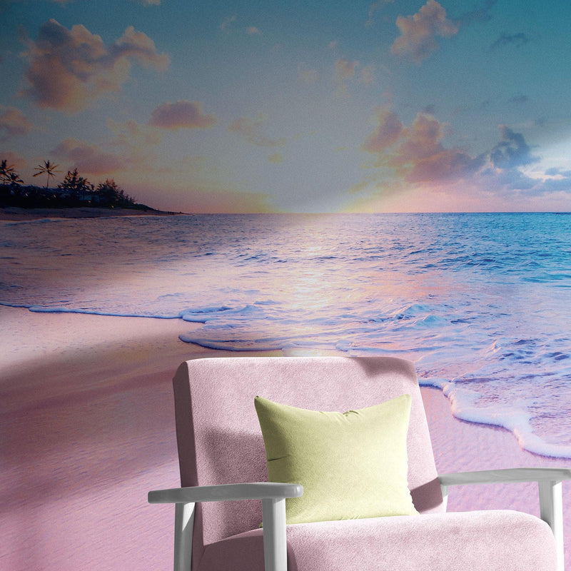 Pastel Color Sunset over Paradise Beach Wall Mural. Pastel Pink and Blue Color Scheme Peel and Stick Wallpaper. #6404