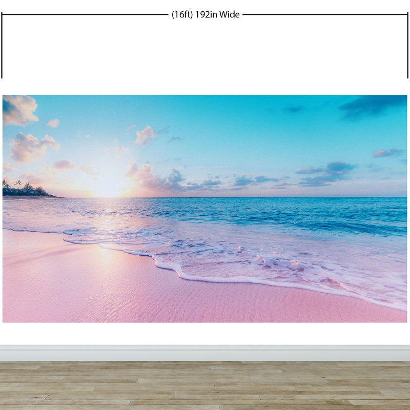 Pastel Color Sunset over Paradise Beach Wall Mural. Pastel Pink and Blue Color Scheme Peel and Stick Wallpaper. #6404