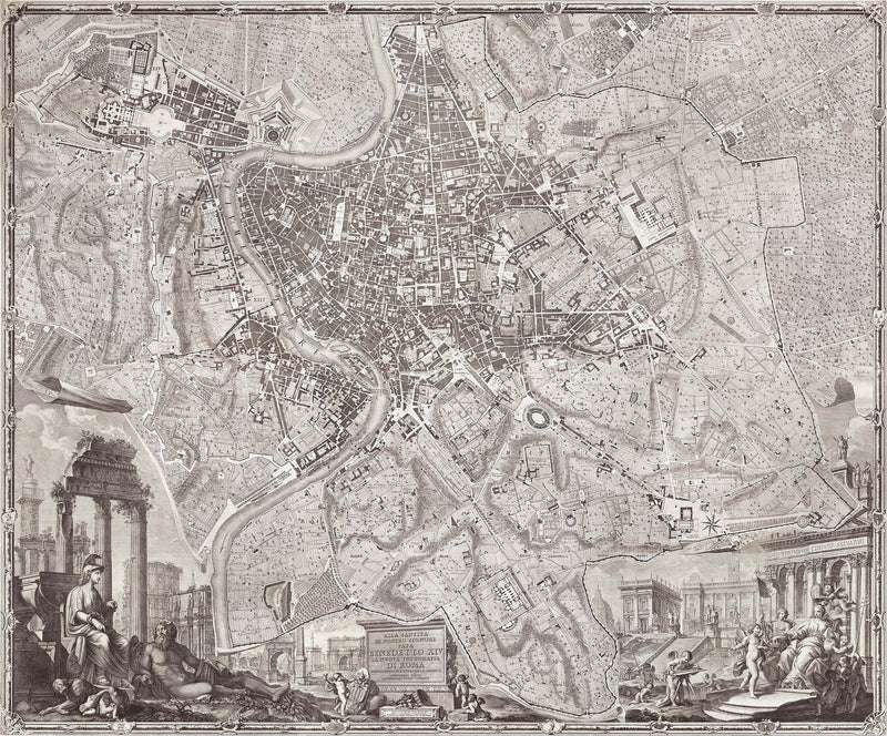 Vintage Old Map of Rome Italy Wall Mural. The Large Plan of Rome Peel and Stick Wallpaper. #6412