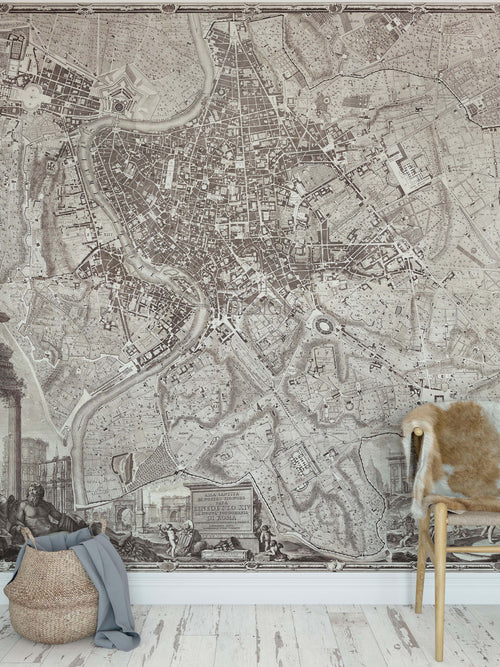 Vintage Old Map of Rome Italy Wall Mural. The Large Plan of Rome Peel and Stick Wallpaper. #6412