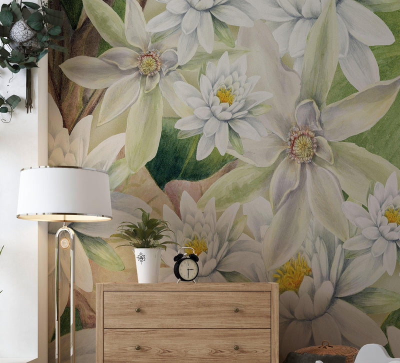 Botanical Flower Wall Mural. Color Pencil Artwork of Flower Garden Peel and Stick Wallpaper. Paradise Botanical Flowers and Leave Black Background. #6426