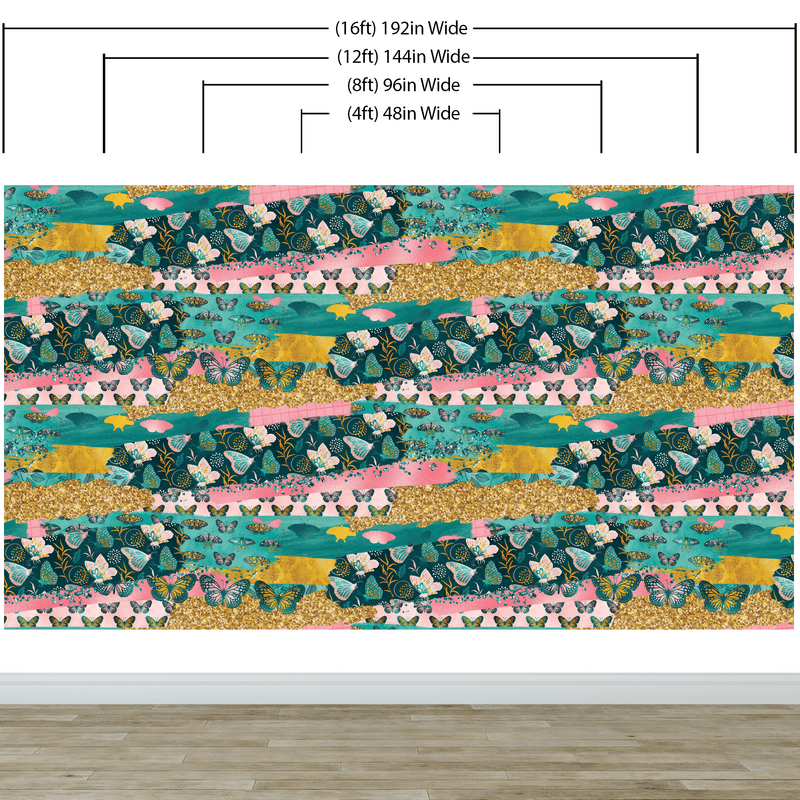 Pink Butterflies Abstract Pattern Wall Mural. Retro Pink Color Illustration Design. #6434