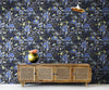 Blue and Black Color Flower Pattern Wall Mural. Tropical Botanical Floral Peel and Stick Wallpaper. #6437