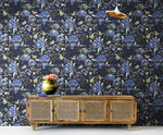 Blue and Black Color Flower Pattern Wall Mural. Tropical Botanical Floral Peel and Stick Wallpaper. #6437