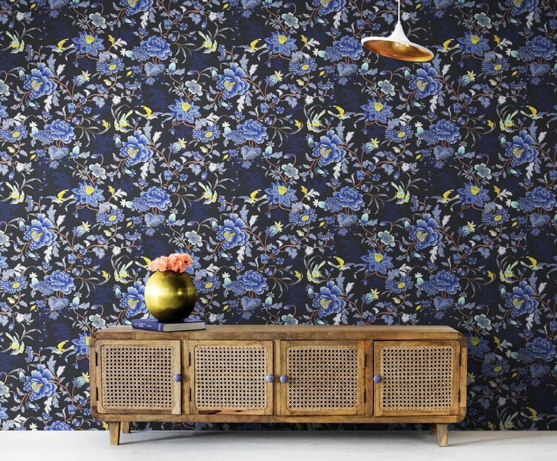 Blue and Black Color Flower Pattern Wall Mural. Tropical Botanical Floral Peel and Stick Wallpaper. #6437