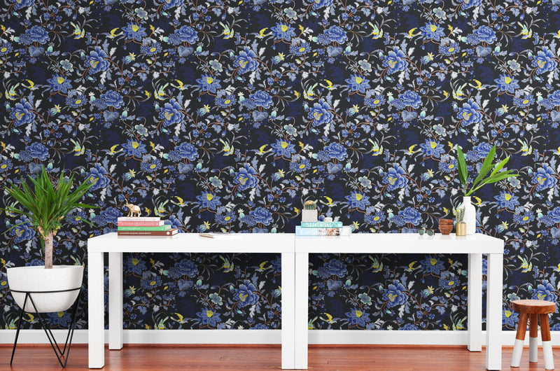 Blue and Black Color Flower Pattern Wall Mural. Tropical Botanical Floral Peel and Stick Wallpaper. #6437