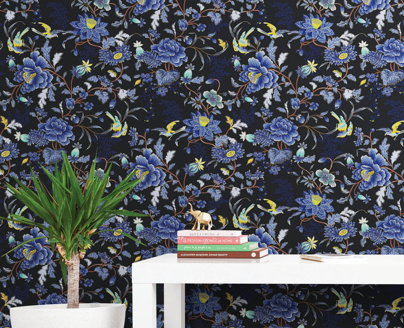 Blue and Black Color Flower Pattern Wall Mural. Tropical Botanical Floral Peel and Stick Wallpaper. #6437