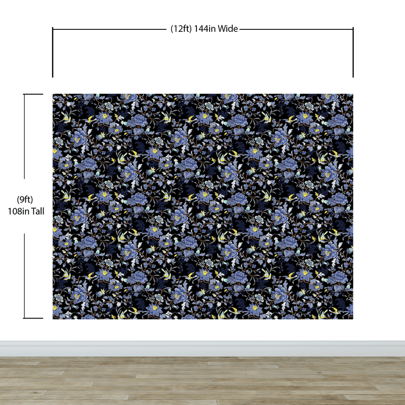 Blue and Black Color Flower Pattern Wall Mural. Tropical Botanical Floral Peel and Stick Wallpaper. #6437