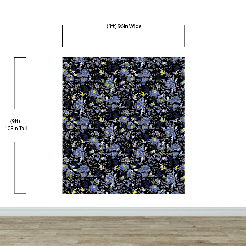 Blue and Black Color Flower Pattern Wall Mural. Tropical Botanical Floral Peel and Stick Wallpaper. #6437