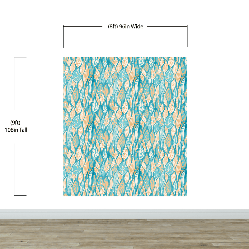 Teal Color Autumn Leaves Pattern Wall Mural. Retro Illustration Foliage Pattern. #6438