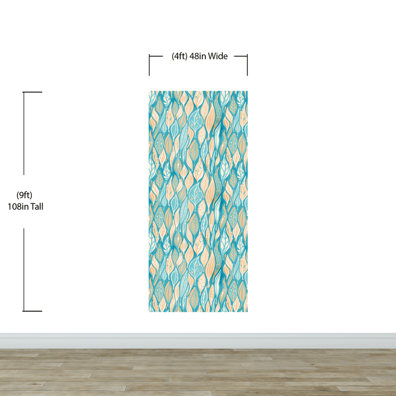 Teal Color Autumn Leaves Pattern Wall Mural. Retro Illustration Foliage Pattern. #6438