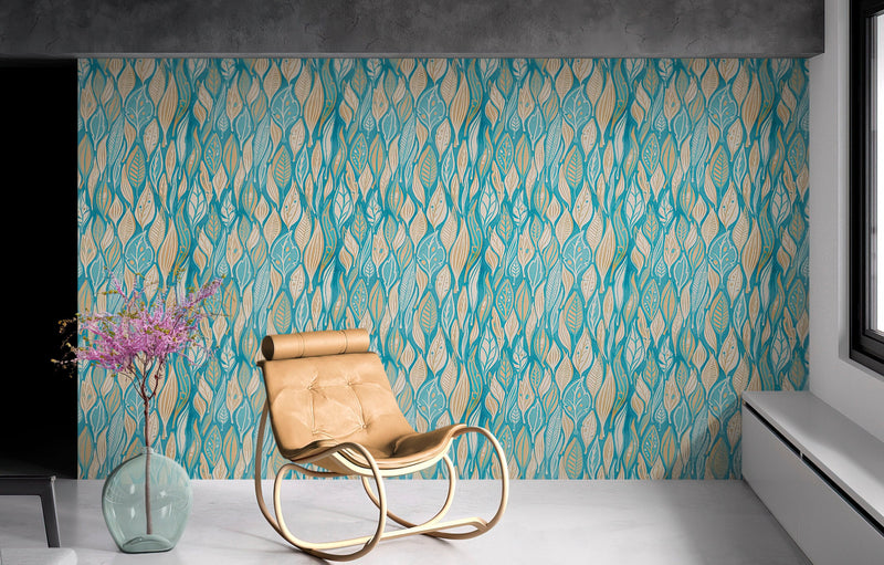 Teal Color Autumn Leaves Pattern Wall Mural. Retro Illustration Foliage Pattern. #6438