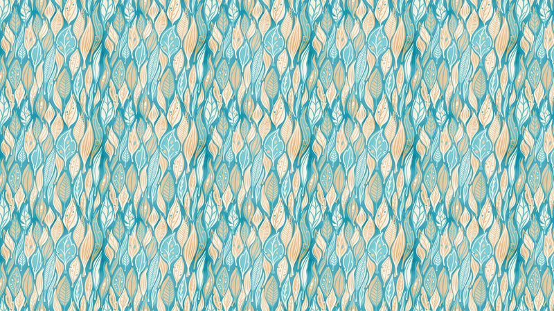Teal Color Autumn Leaves Pattern Wall Mural. Retro Illustration Foliage Pattern. #6438