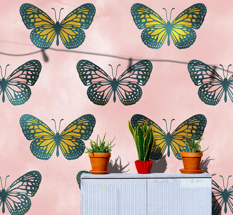 Large Butterfly Pattern on Pink Background Wall Mural. Bedroom, Nursery, Home Decor. Peel and Stick Wallpaper. #6441