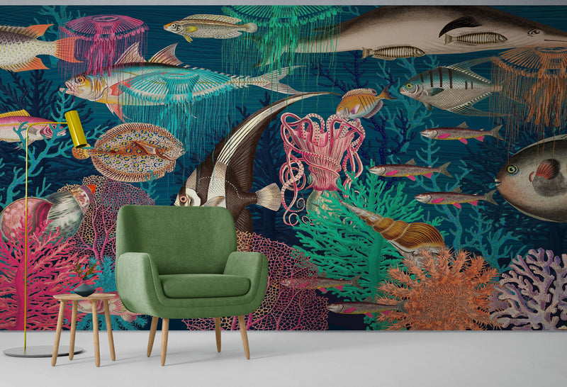 Vintage Retro Underwater Marine Sea Life Wall Mural. Beach / Nautical / Marine Life Theme Peel and Stick Wallpaper. #6442
