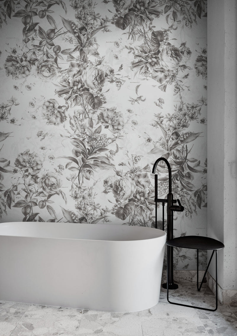 Vintage Flower Pattern Illustration Wall Mural. Black and White Peel and Stick Wallpaper. #6443