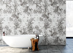 Vintage Flower Pattern Illustration Wall Mural. Black and White Peel and Stick Wallpaper. #6443