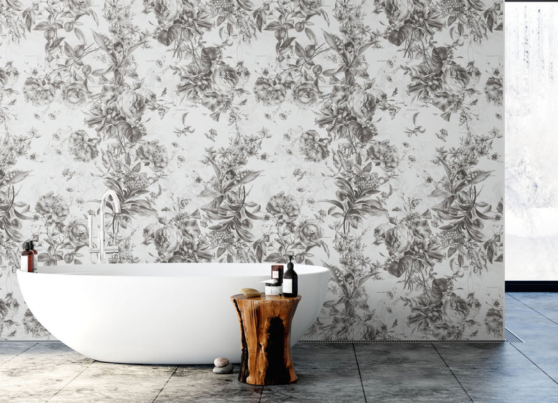 Vintage Flower Pattern Illustration Wall Mural. Black and White Peel and Stick Wallpaper. #6443