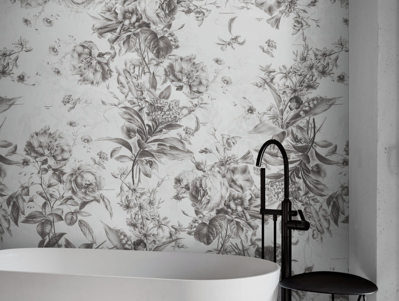 Vintage Flower Pattern Illustration Wall Mural. Black and White Peel and Stick Wallpaper. #6443