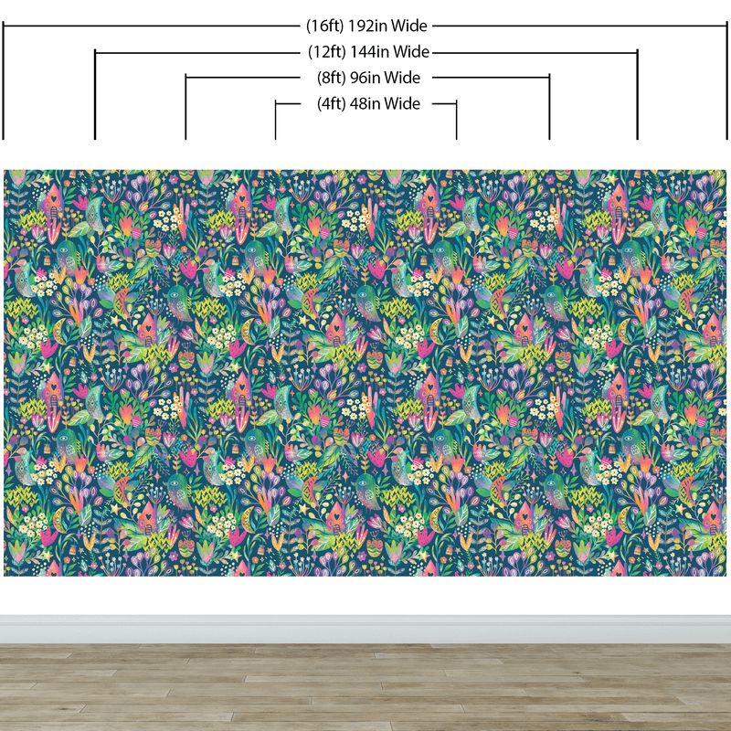 Colorful Flower Garden with Bird House Illustration Wall Mural. #6444