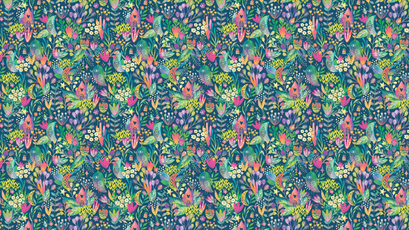 Colorful Flower Garden with Bird House Illustration Wall Mural. #6444