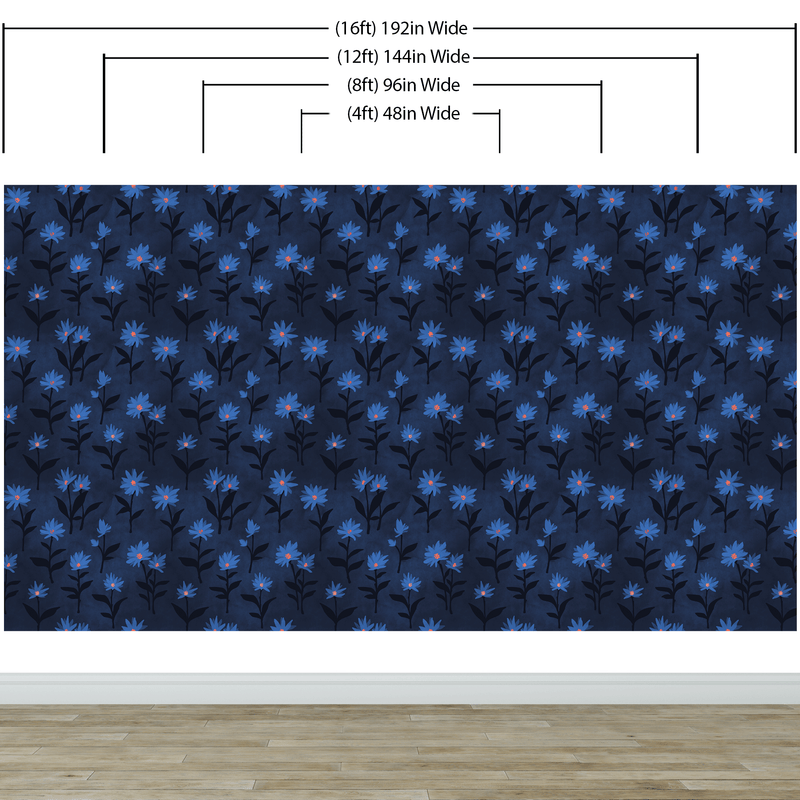 Blue Color Flower Wall Mural Pattern. Dark Navy Blue Background. #6451