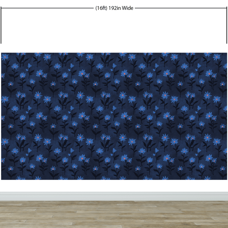 Blue Color Flower Wall Mural Pattern. Dark Navy Blue Background. #6451