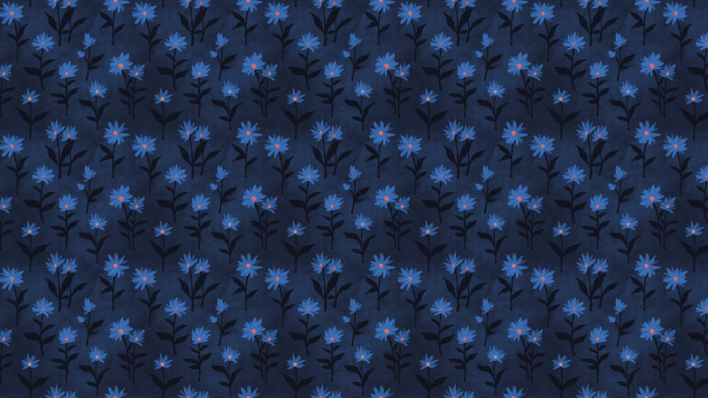 Blue Color Flower Wall Mural Pattern. Dark Navy Blue Background. #6451