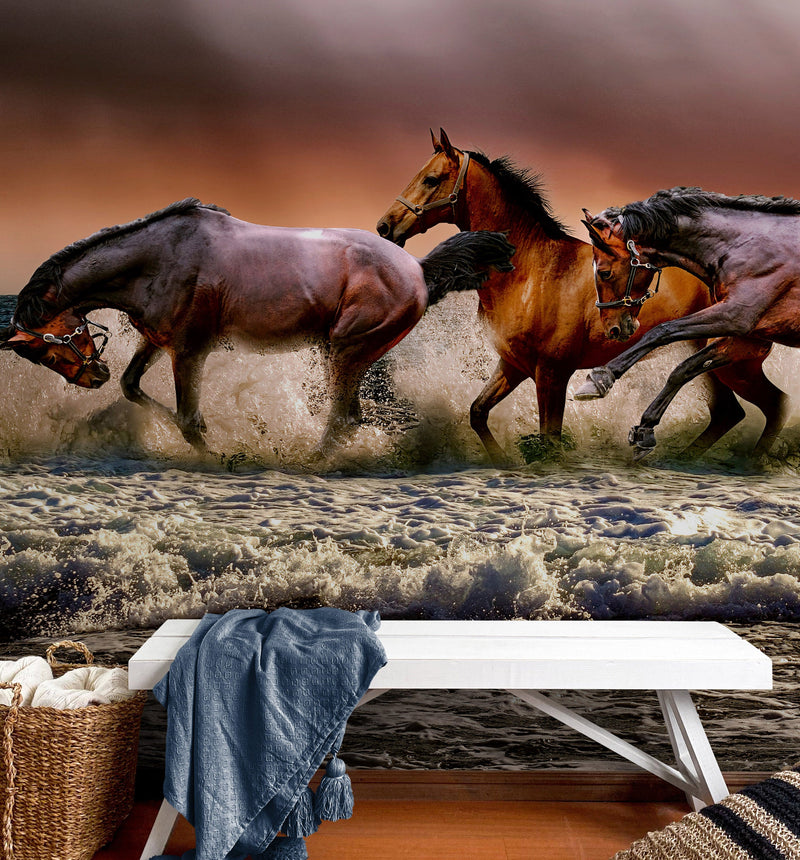 Wild Horses Galloping on Beach Wall Mural. Peel and Stick Wallpaper. #6458