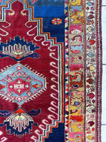 Hand-Knotted Antique Turkish Melas Wool Rug – 4'3" x 5'11" – Vibrant Geometric Motifs