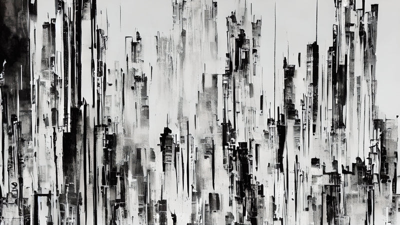 Black and White Urban City Wall Mural. Cyber Punk Cityscape. Minimalist Abstract Building Architect Wallpaper. #6487
