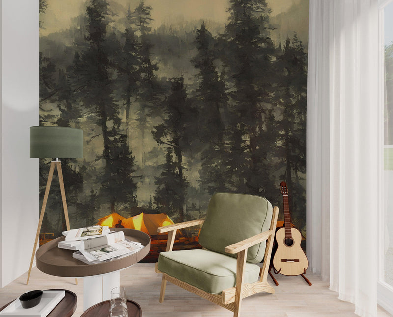 Camping Under the Stars Painting Wallpaper. Woodland Forest Wall Mural. Nature Wall Decor. #6492
