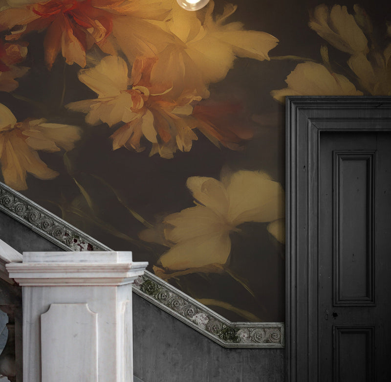 Vintage Dark Background with Yellow Flowers Botanical Wallpaper. #6497