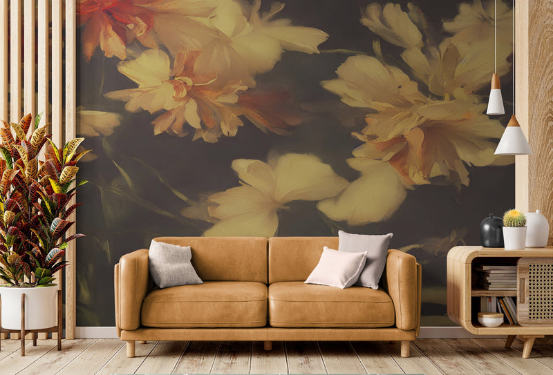 Vintage Dark Background with Yellow Flowers Botanical Wallpaper. #6497