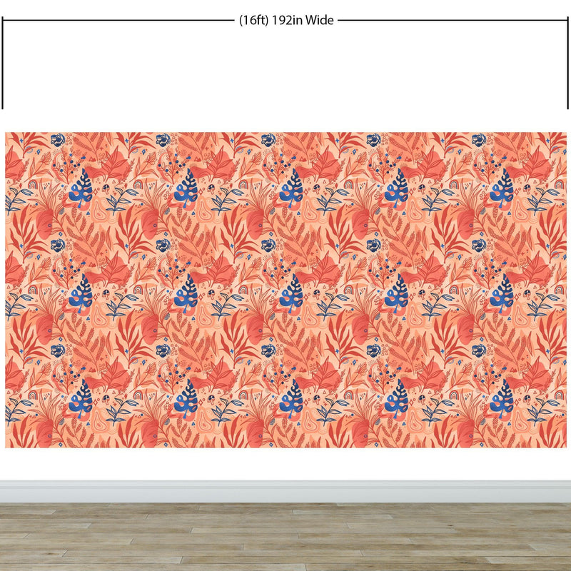Fern Botanical Wallpaper. Colorful Orange Wall Mural. #6558