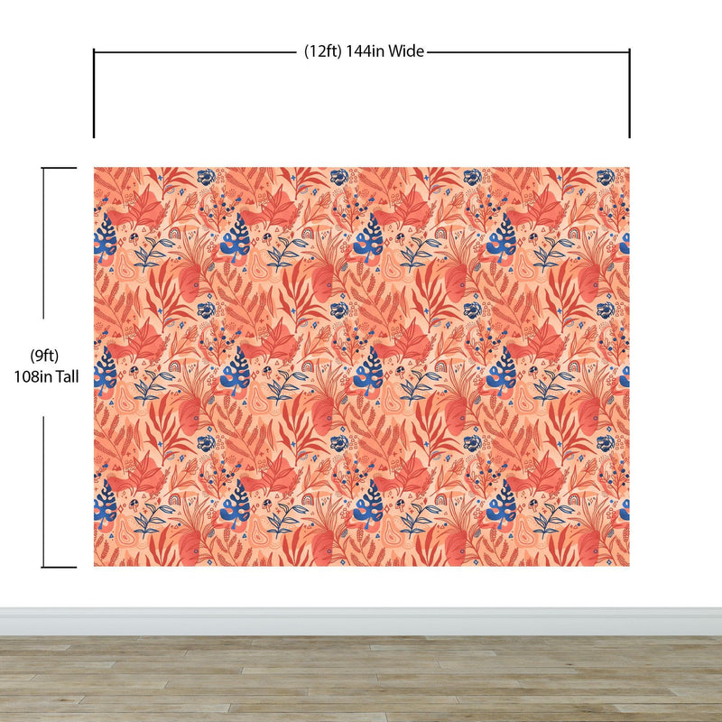 Fern Botanical Wallpaper. Colorful Orange Wall Mural. #6558