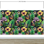 Tropical Flower Wallpaper Peel and Stick Colorful Wildflower Mural. Green Flowers and Palm Tree Leaves Design. #6569