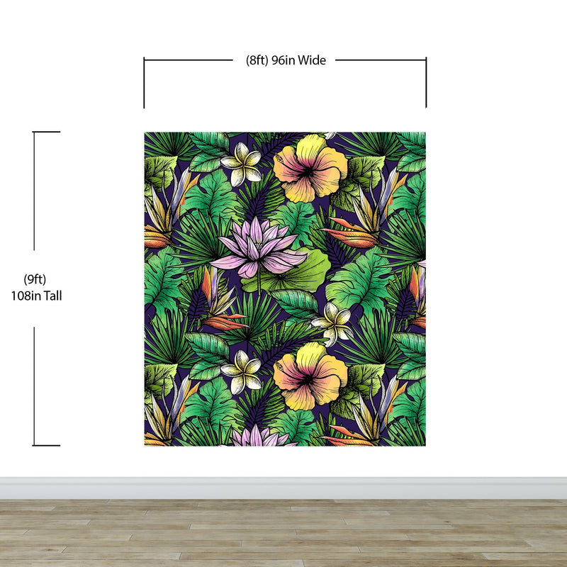 Tropical Flower Wallpaper Peel and Stick Colorful Wildflower Mural. Green Flowers and Palm Tree Leaves Design. #6569