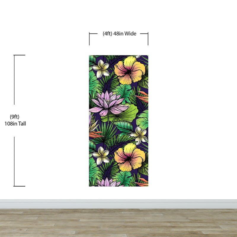 Tropical Flower Wallpaper Peel and Stick Colorful Wildflower Mural. Green Flowers and Palm Tree Leaves Design. #6569