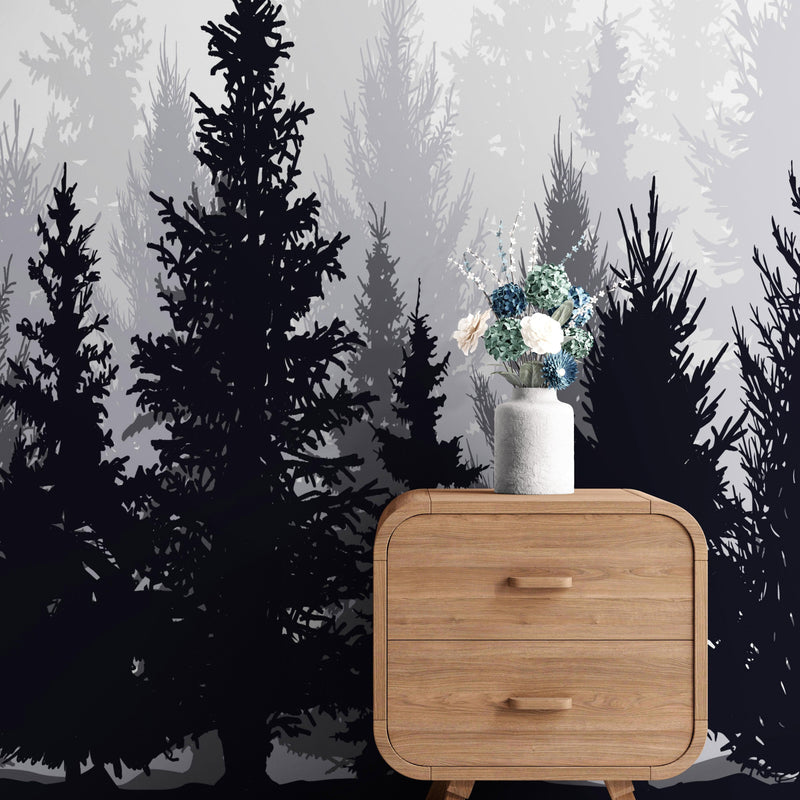 Black and White Pine Tree Forest Wallpaper. #6594