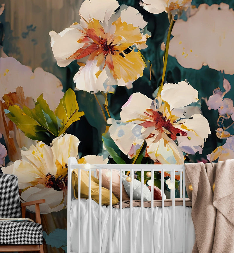 Flower Blossoms Wallpaper. Floral Oil Painting Peel and Stick Wall Mural. #6664