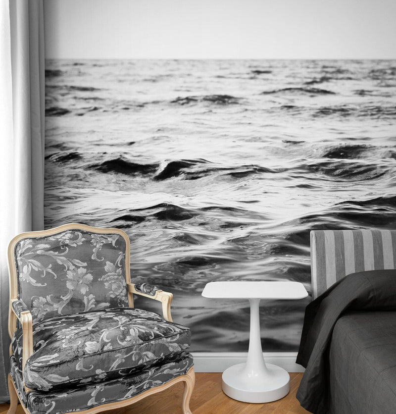 Black and White Ocean Wave Wallpaper. Peel and Stick Wall Mural. #6691