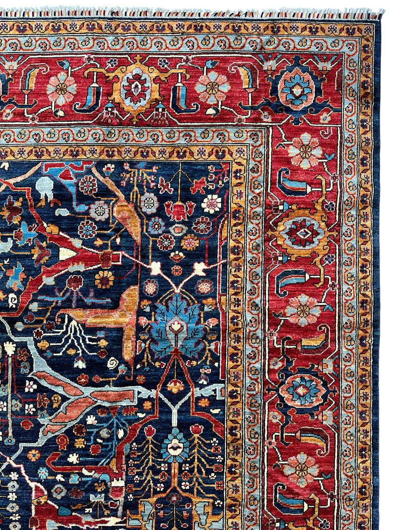 Hand-Knotted Afghani Bidjar Wool Rug – 9’x12’ – Intricate Geometric & Floral Motifs