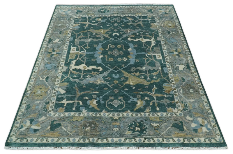 Hand Knotted Oriental Oushak Green and Gray Multi Size Wool Area Rug